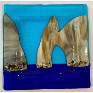 Decorative Fused Glass Plate Coastal Art Ocean Blue Sandy Pebble Design 11"X11"